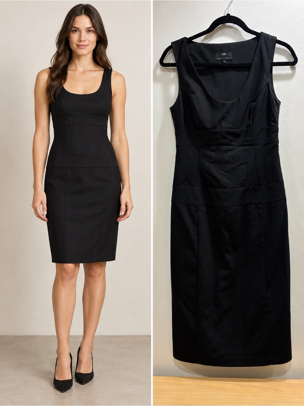 Cue Australia Black Pleated Back Sheath Dress AU 8 US 4